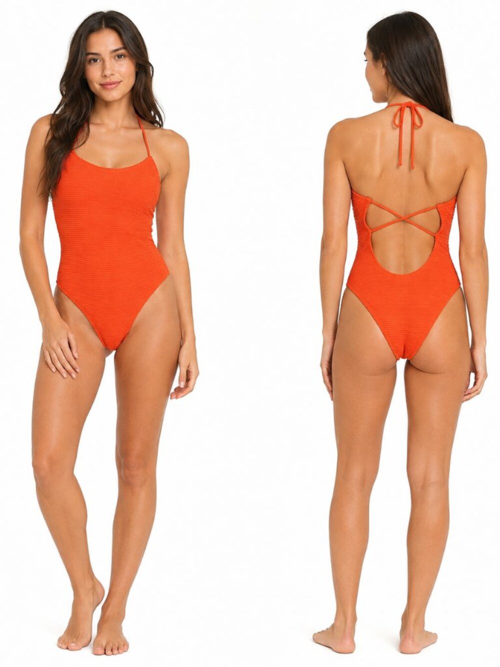 L.A. Hearts Halter Style Strappy Red Textured High Cut One-Piece Swimsuit